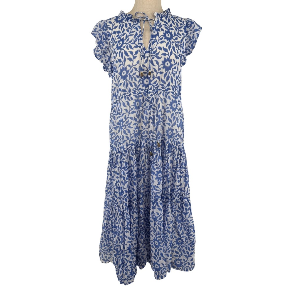 Oliphant Midi Dress Womens Medium Blue White Floral Tiered Cotton Boho Preppy
